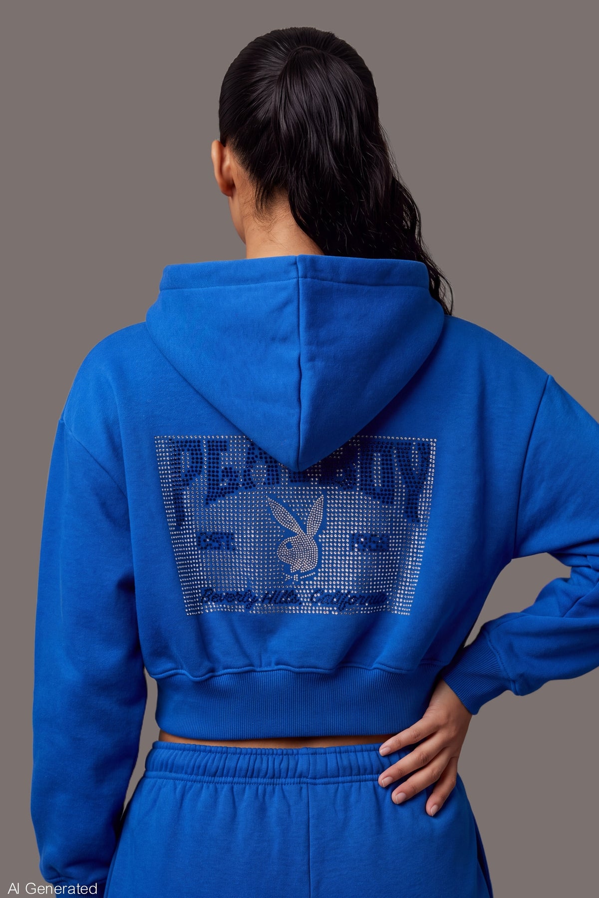 Alt View 4. Playboy Rhinestone Cropped Zip Hoodie - Blue