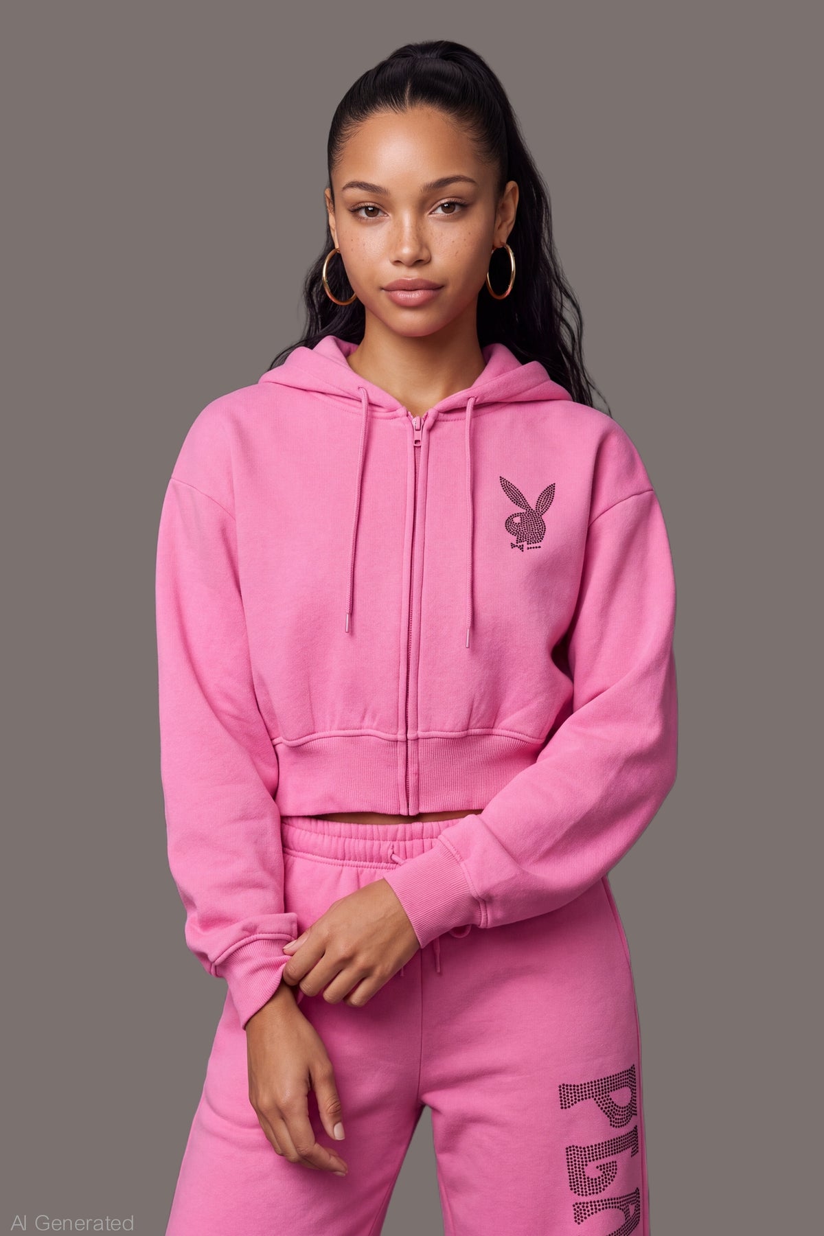 Playboy Rhinestone Cropped Zip Hoodie - Pink