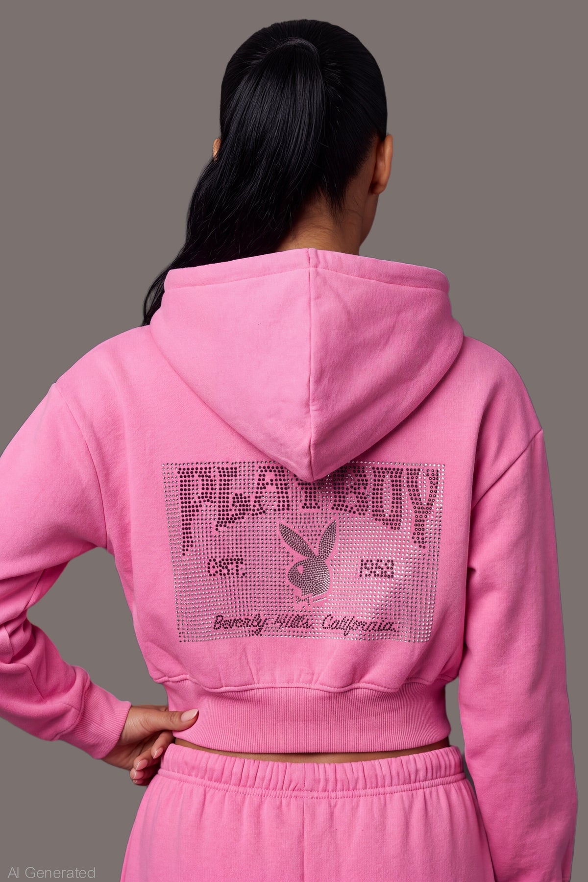 Alt View 4. Playboy Rhinestone Cropped Zip Hoodie - Pink
