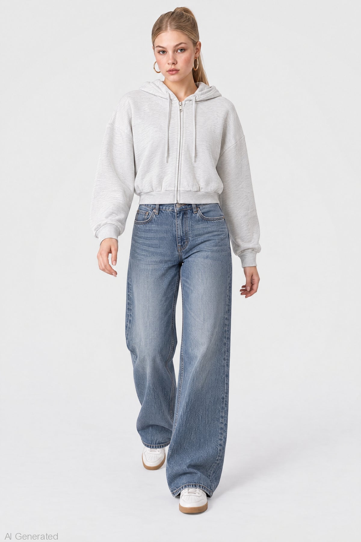 Alt View 3. Fleece Boxy Zip Hoodie - Light Grey