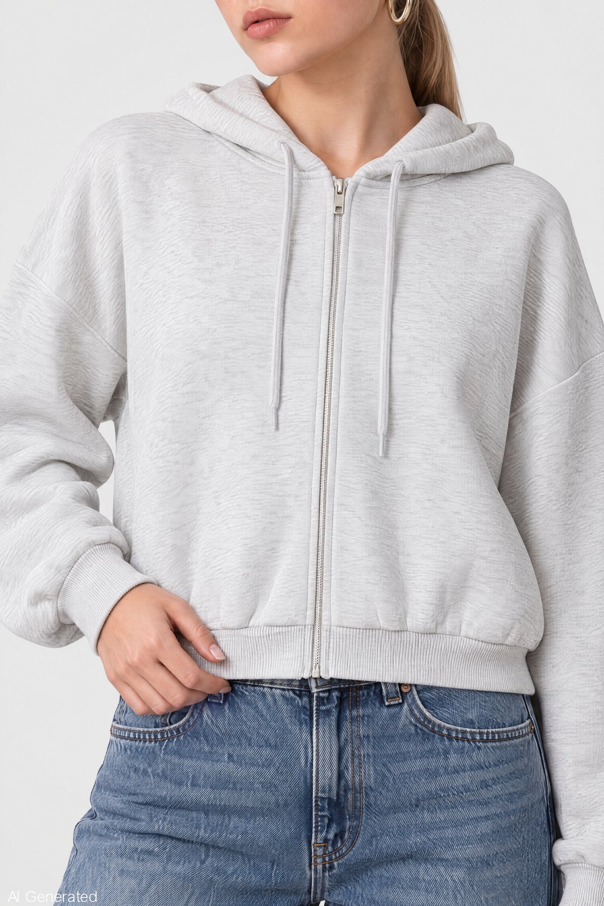 Alt View 4. Fleece Boxy Zip Hoodie - Light Grey