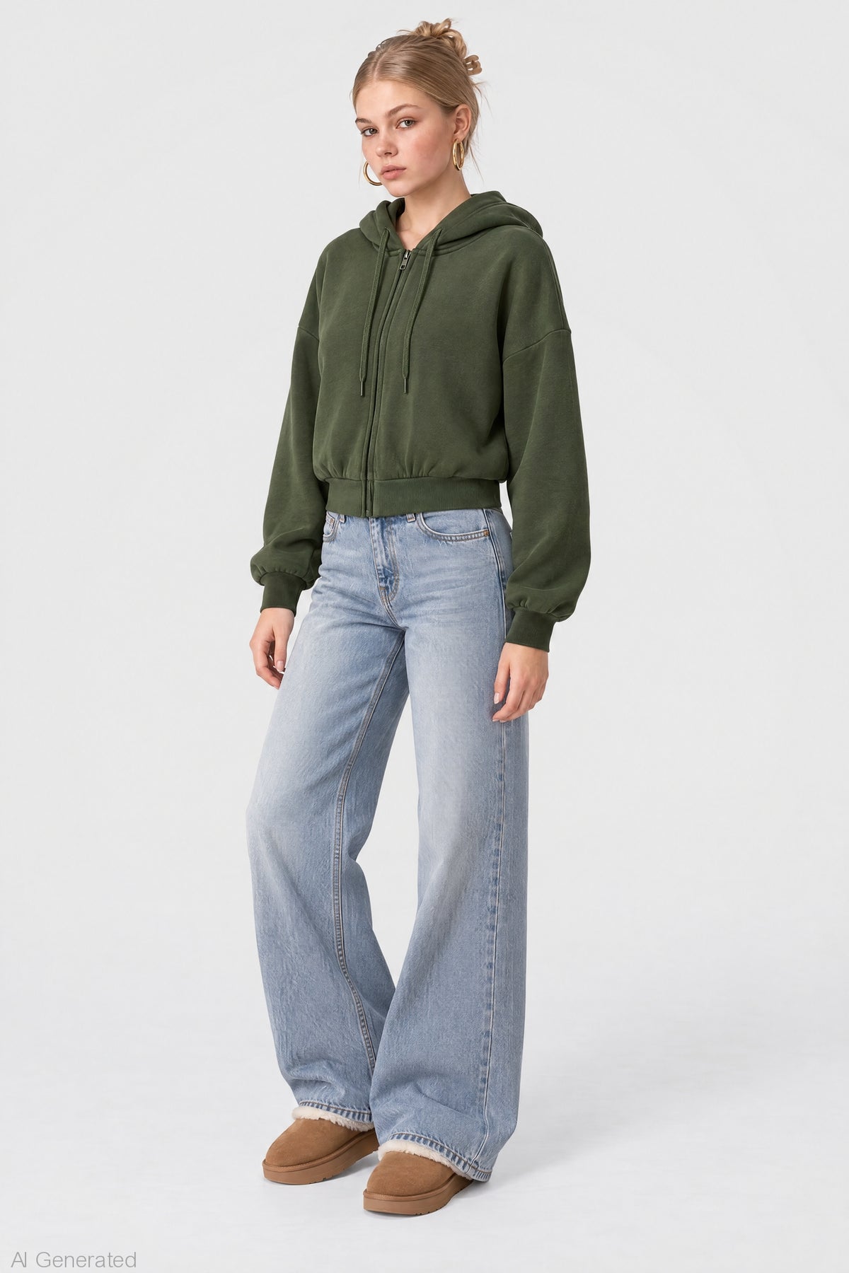 Alt View 3. Fleece Boxy Zip Hoodie - Green