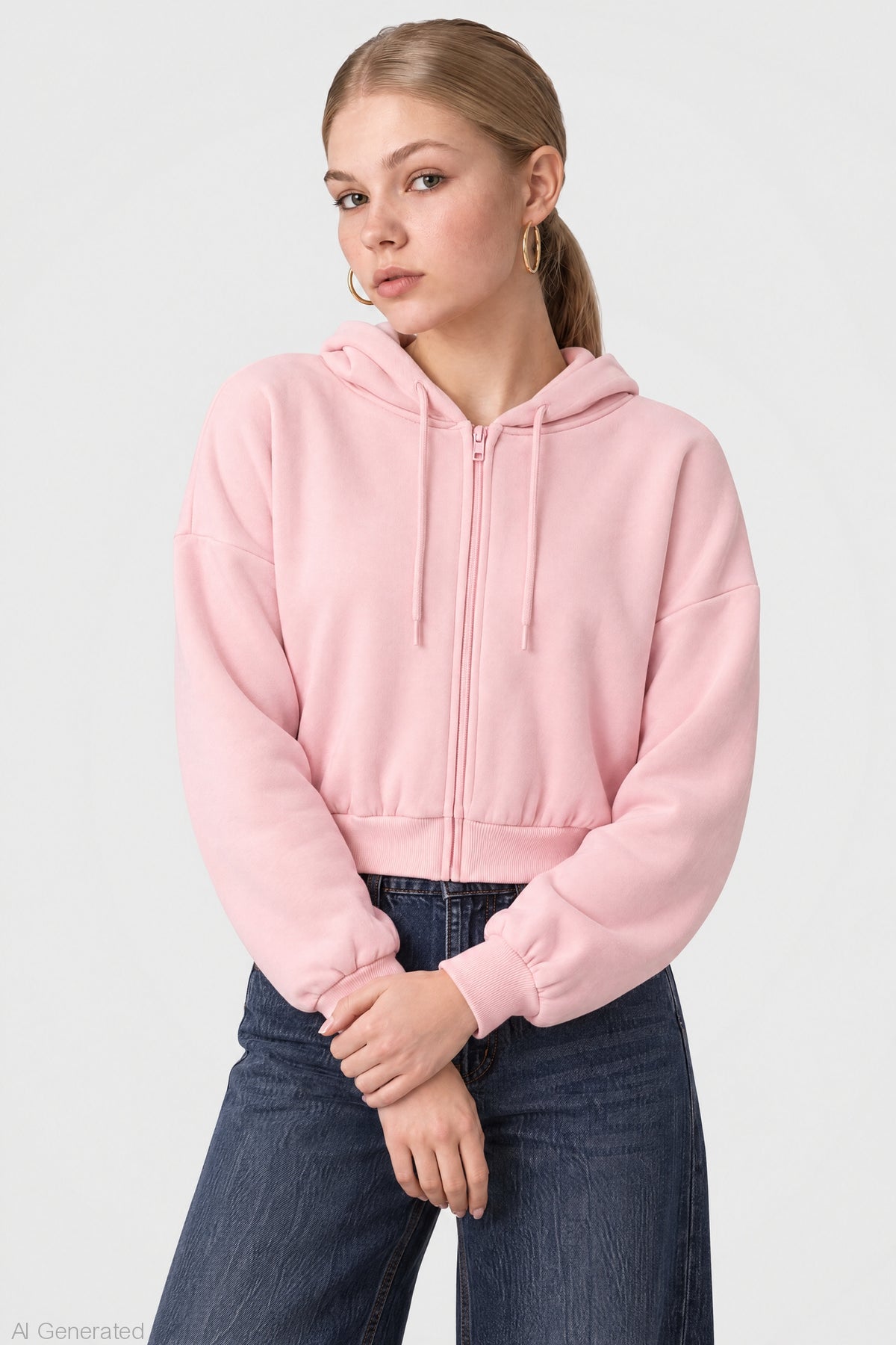 Fleece Boxy Zip Hoodie - Light Pink