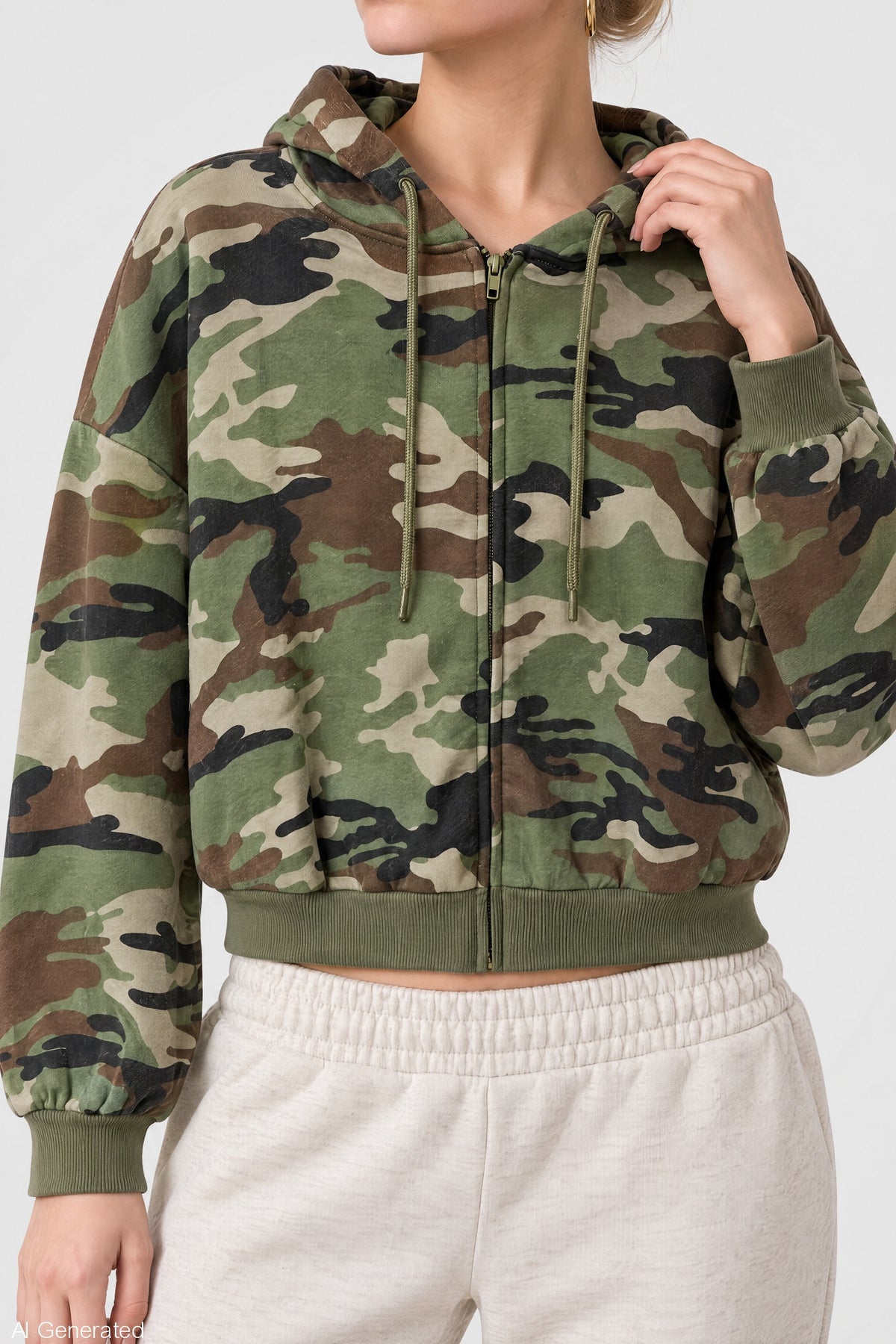 Alt View 4. Fleece Boxy Zip Hoodie - Camouflage