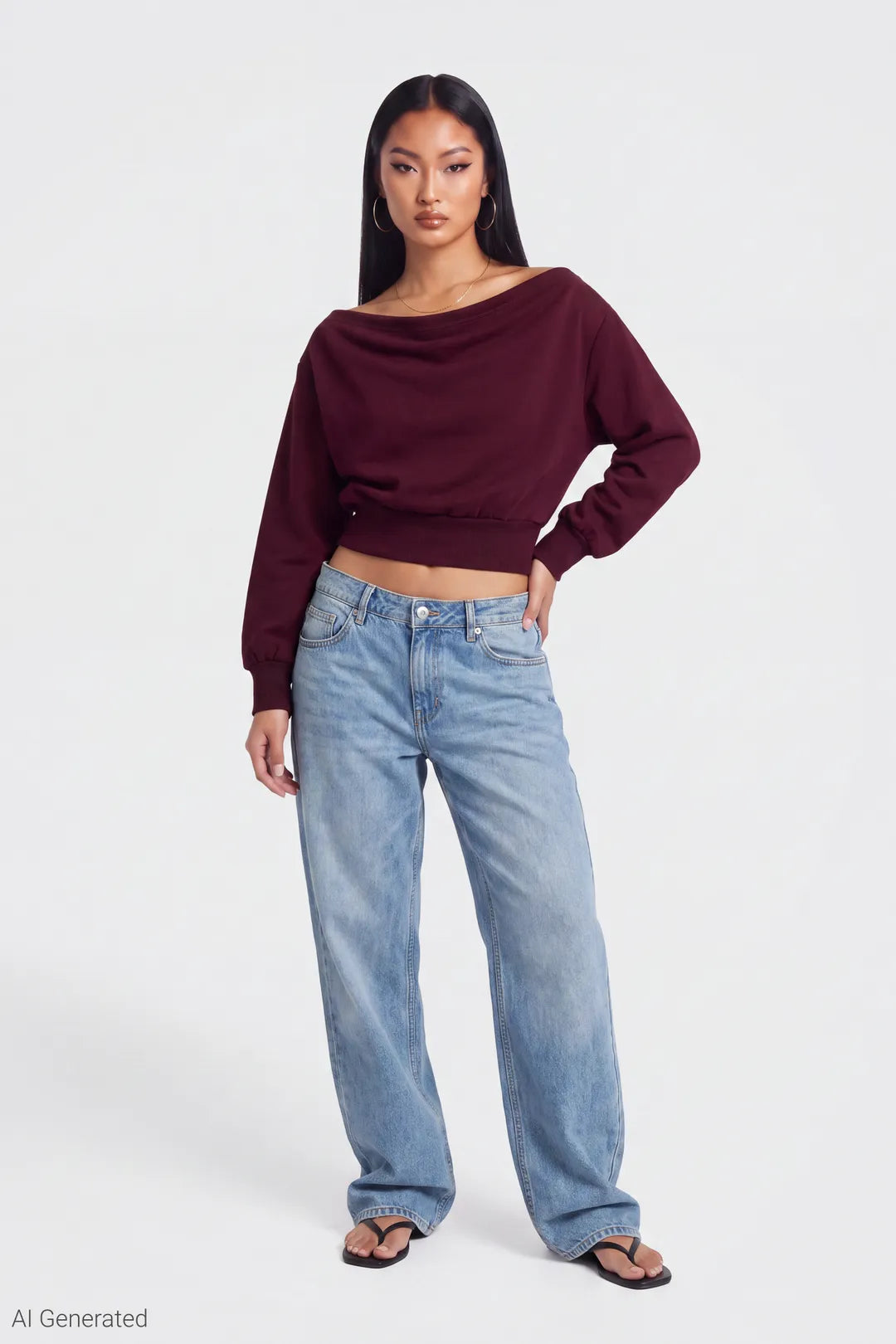 Alt View 2. Off Shoulder Fleece Sweatshirt in Red, front view on model - Red