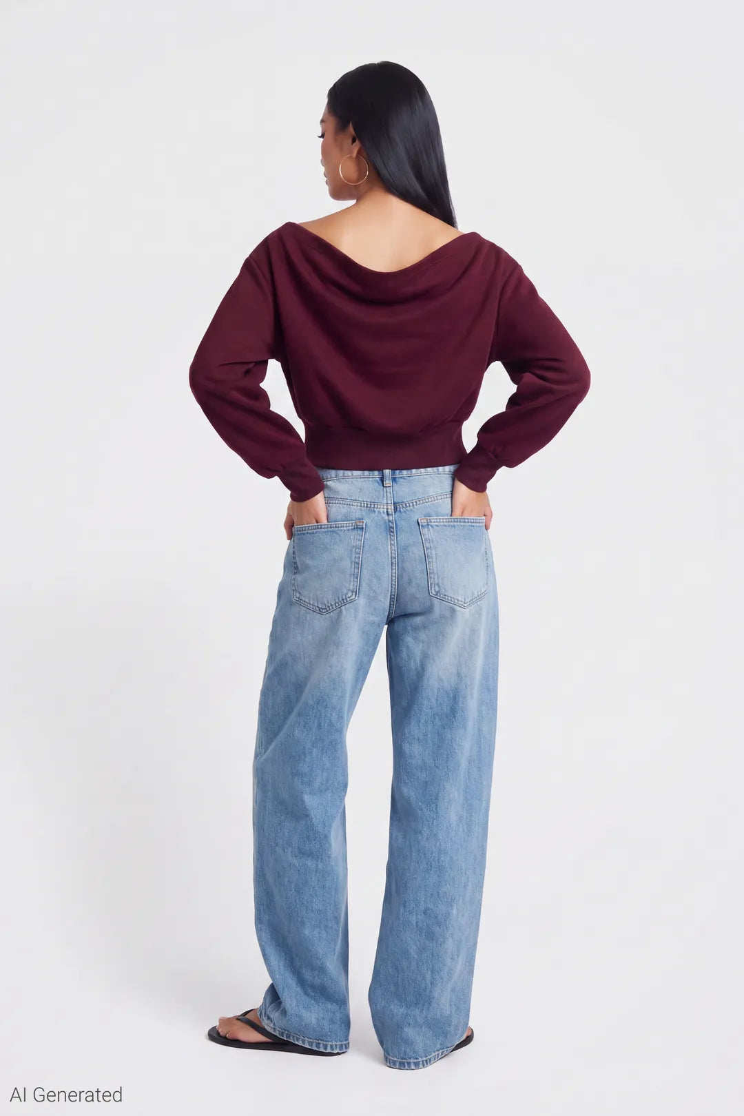 Alt View 3. Off Shoulder Fleece Sweatshirt in Red, back view on model - Red