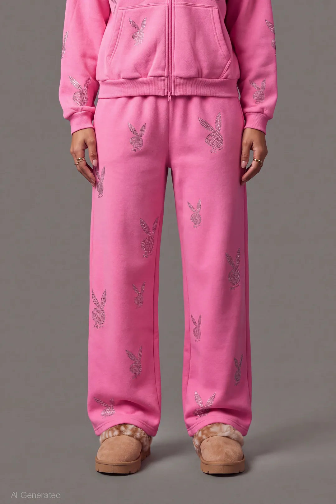 Alt View 3. Playboy Rhinestone Ultra Wide Leg Sweatpant - Pink