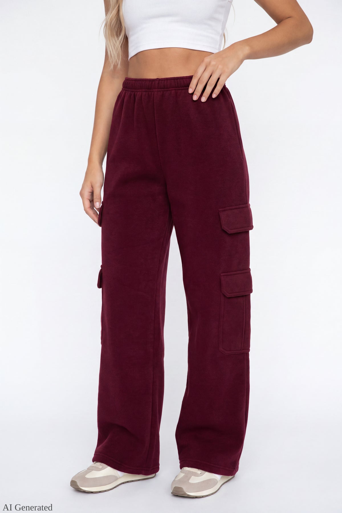 Alt View 3. Fleece Ultra-Wide Cargo Sweatpant - Burgundy