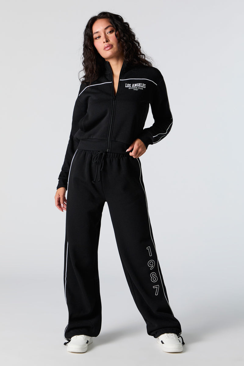 Graphic Fleece Wide Leg Self Tie Sweatpant