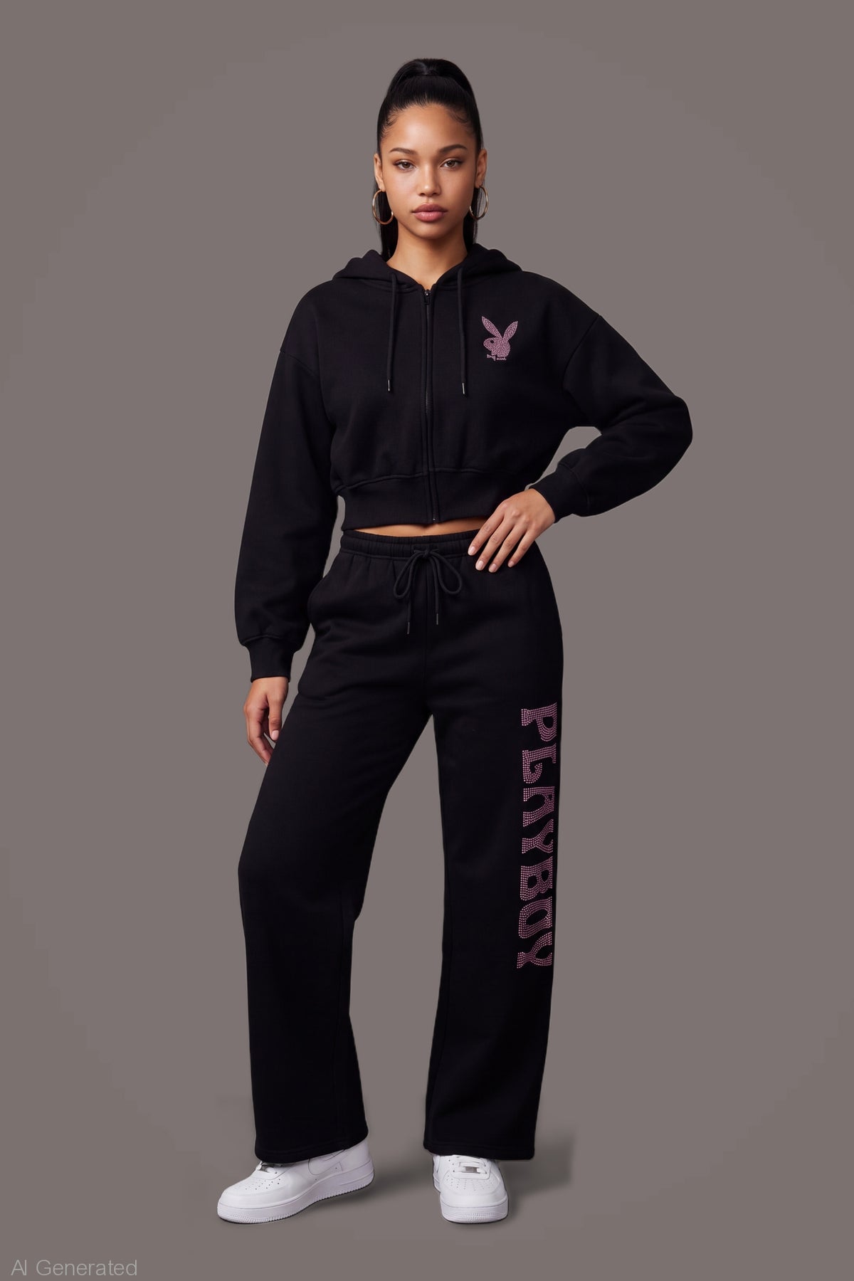 Alt View 3. Playboy Rhinestone Wide Leg Sweatpant - Black