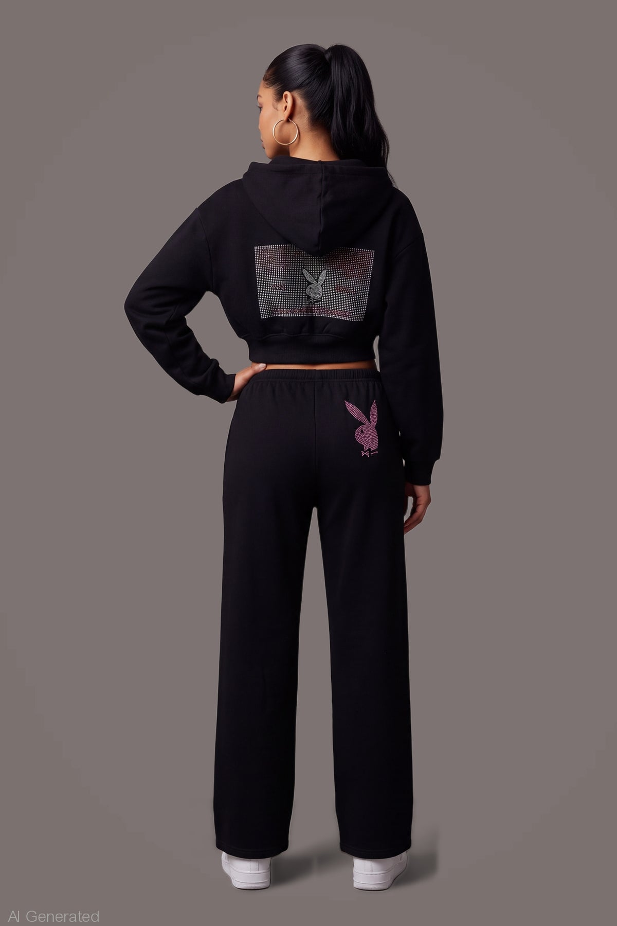 Alt View 4. Playboy Rhinestone Wide Leg Sweatpant - Black