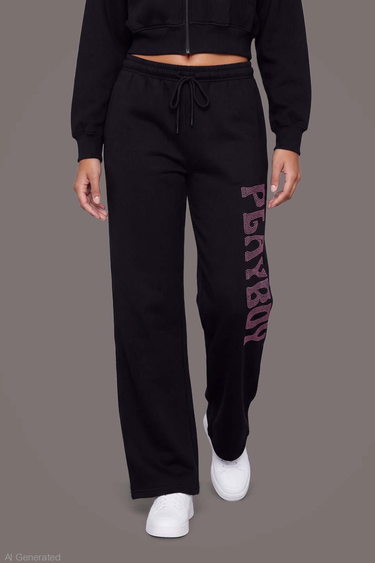 Alt View 5. Playboy Rhinestone Wide Leg Sweatpant - Black