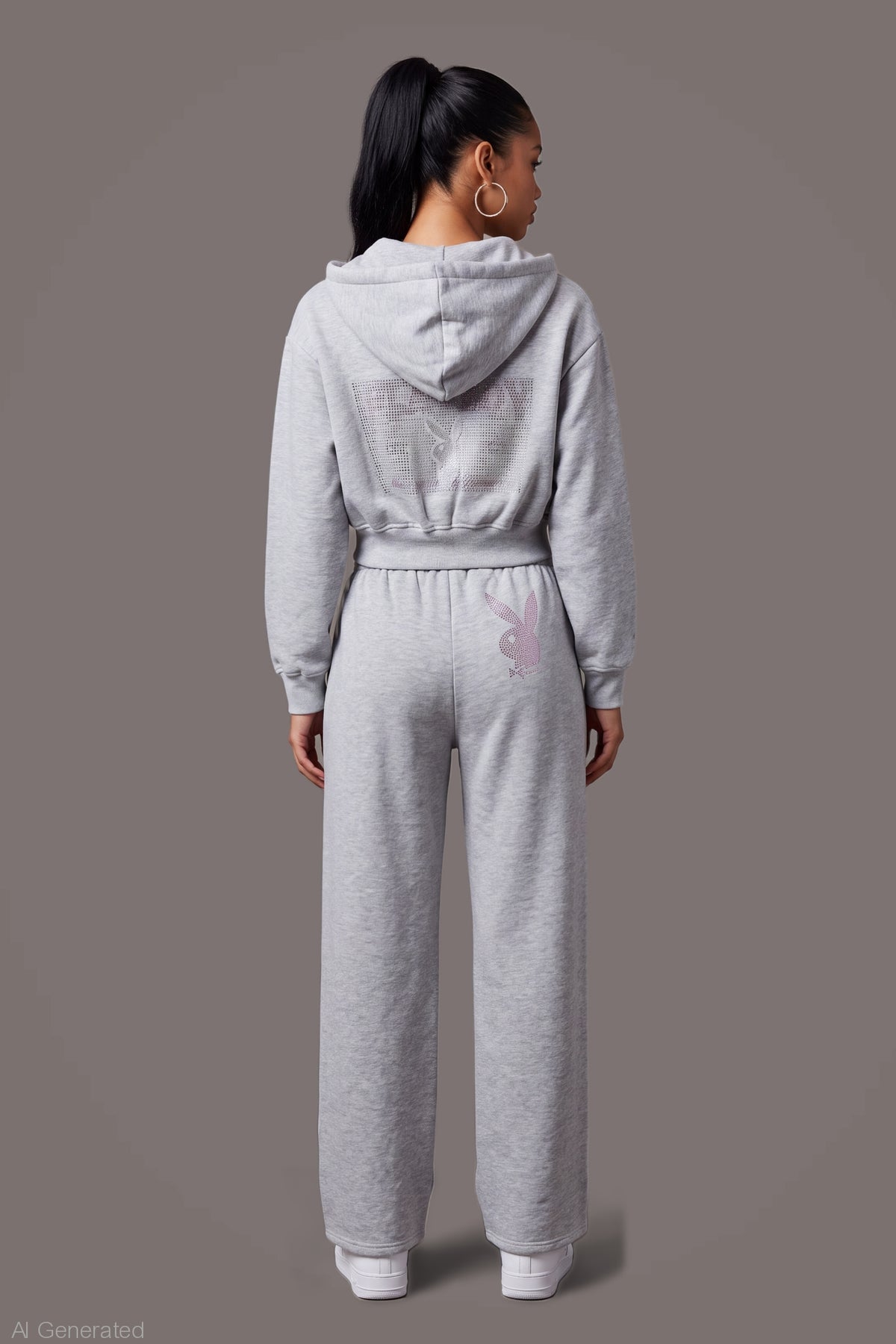 Alt View 4. Playboy Rhinestone Wide Leg Sweatpant - Heather Grey