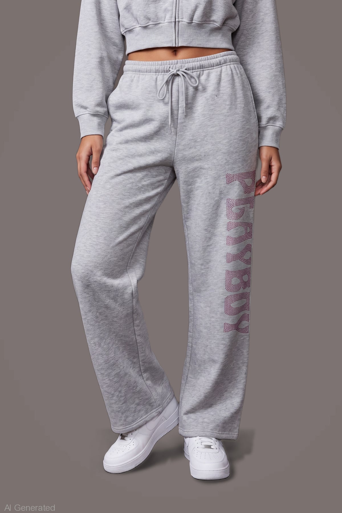 Alt View 5. Playboy Rhinestone Wide Leg Sweatpant - Heather Grey