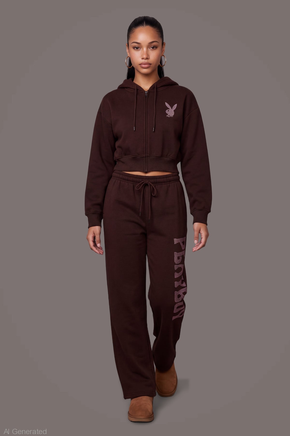 Alt View 3. Playboy Rhinestone Wide Leg Sweatpant - Brown
