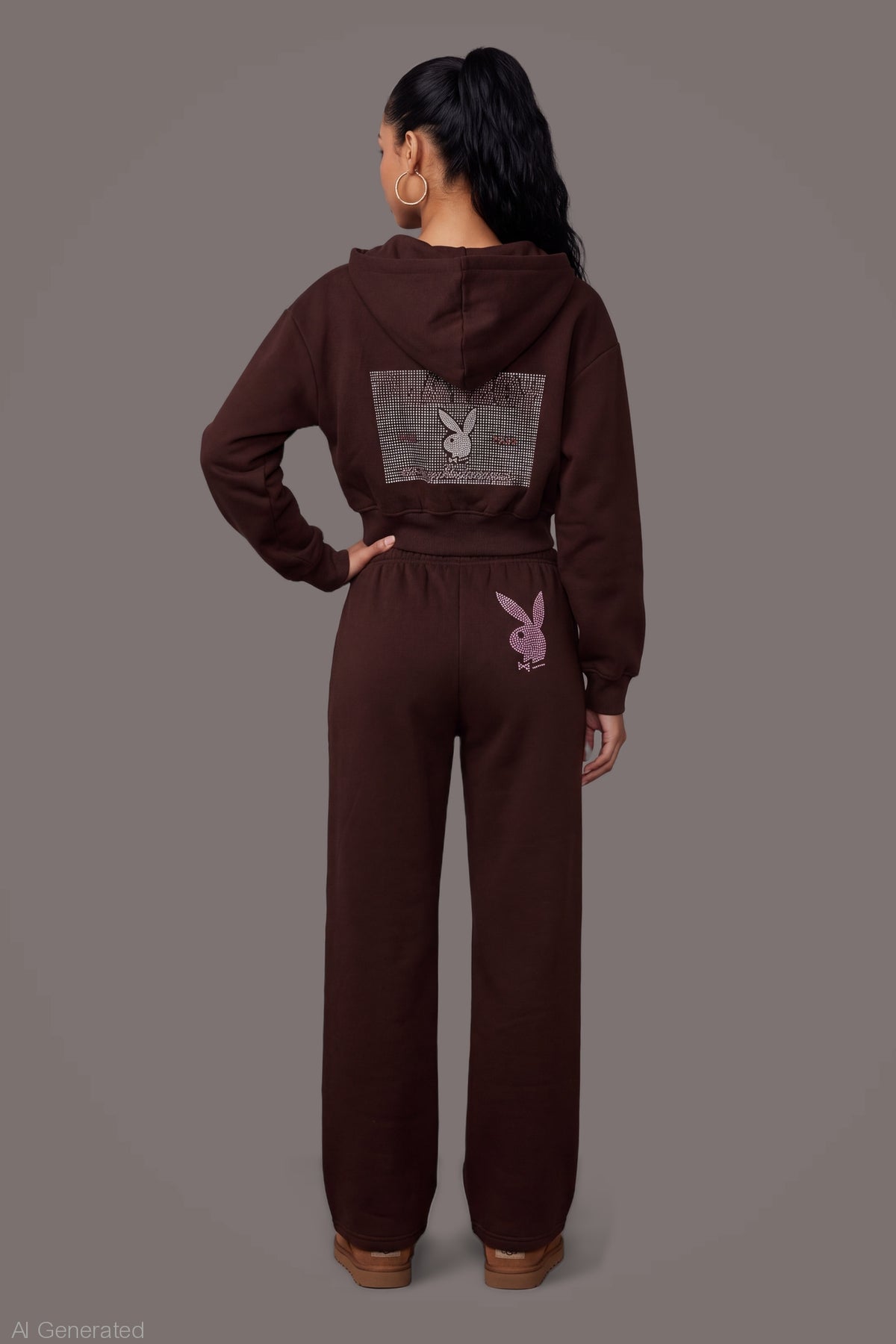 Alt View 4. Playboy Rhinestone Wide Leg Sweatpant - Brown