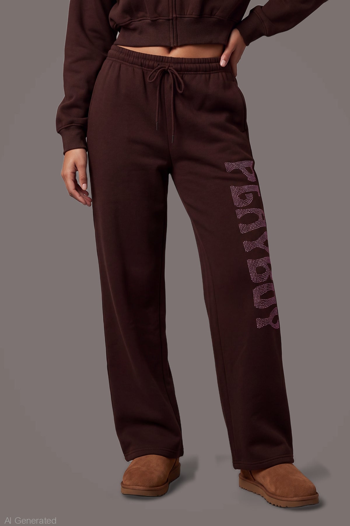 Alt View 5. Playboy Rhinestone Wide Leg Sweatpant - Brown
