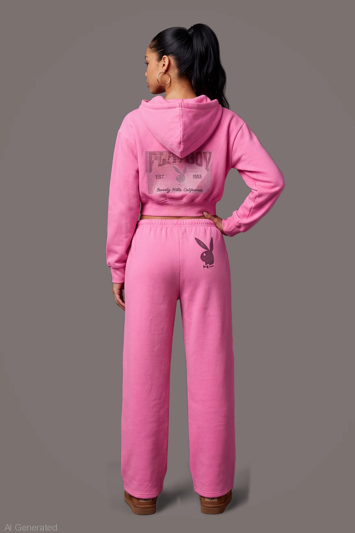 Alt View 4. Playboy Rhinestone Wide Leg Sweatpant - Pink