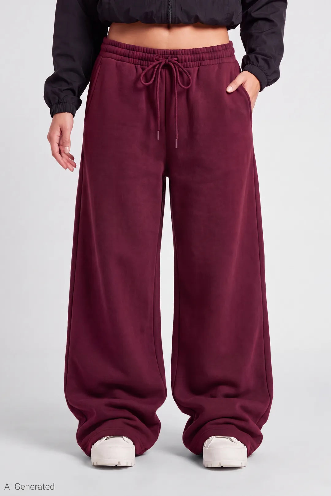 Alt View 3. Fleece Low Rise Wide Leg Sweatpant - Burgundy