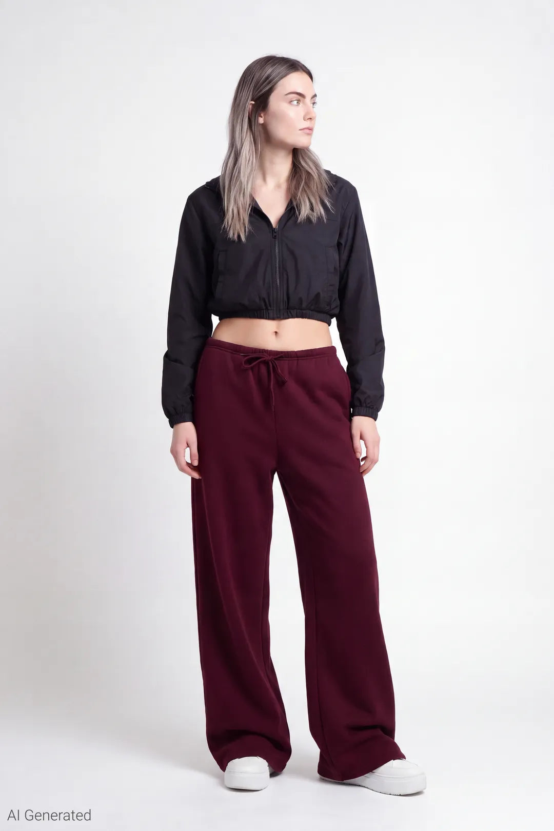 Fleece Low Rise Wide Leg Sweatpant - Burgundy