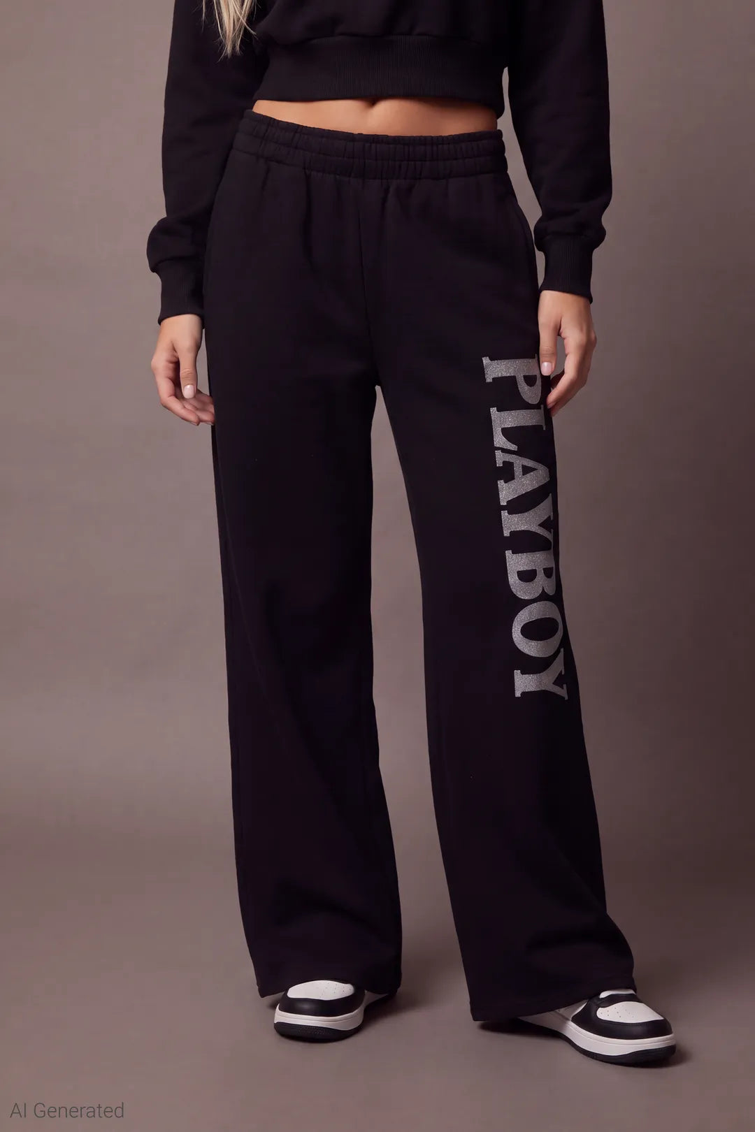 Alt View 3. Playboy Fleece Ultra Wide Leg Sweatpant - Black - Close-Up Front - AI Generated - Black