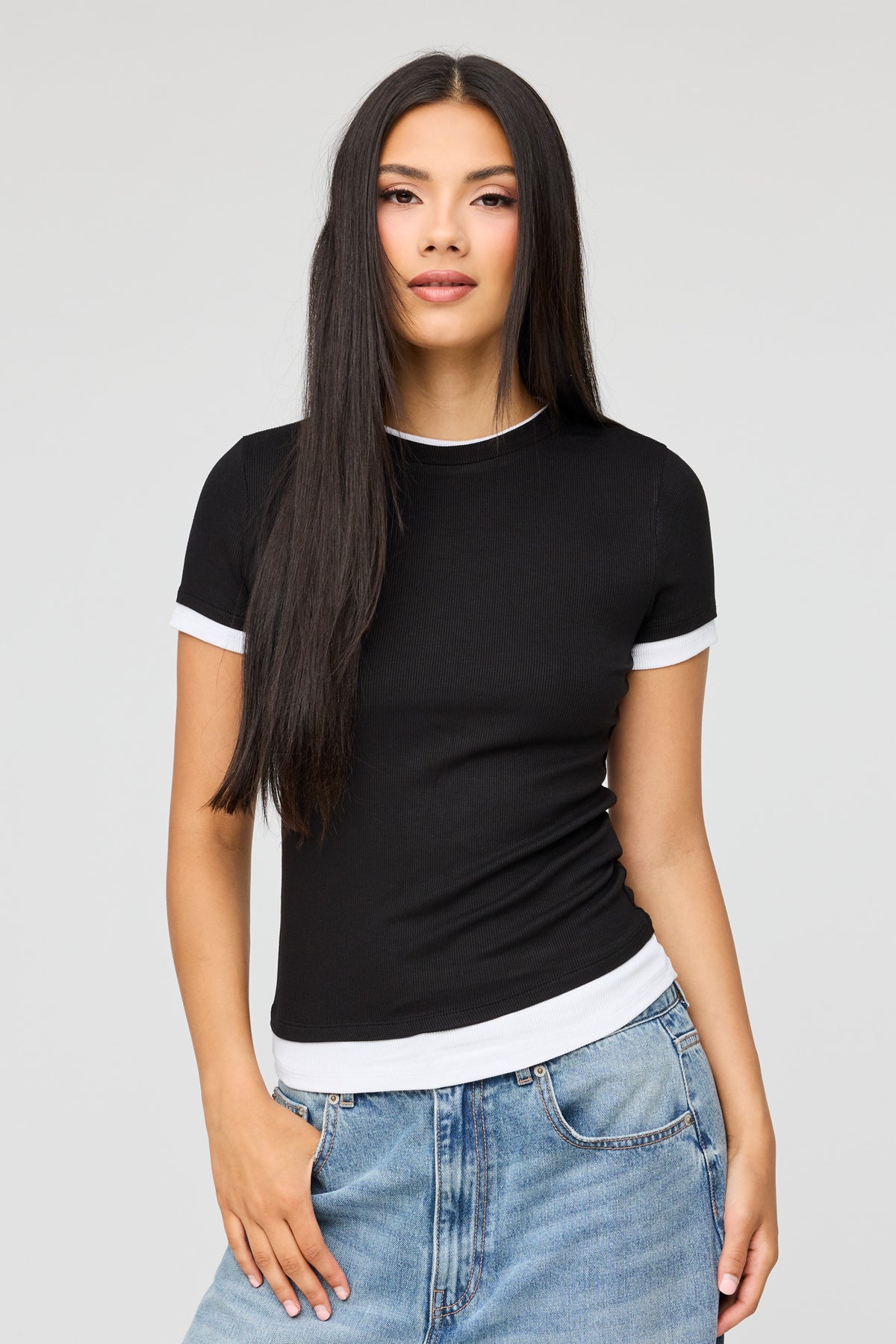 Layered Ribbed T-Shirt - Black