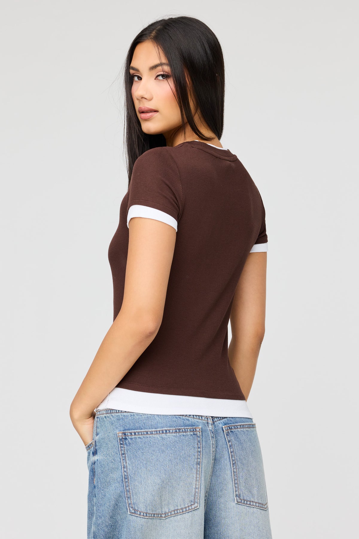 Alt View 2. Layered Ribbed T-Shirt - Brown
