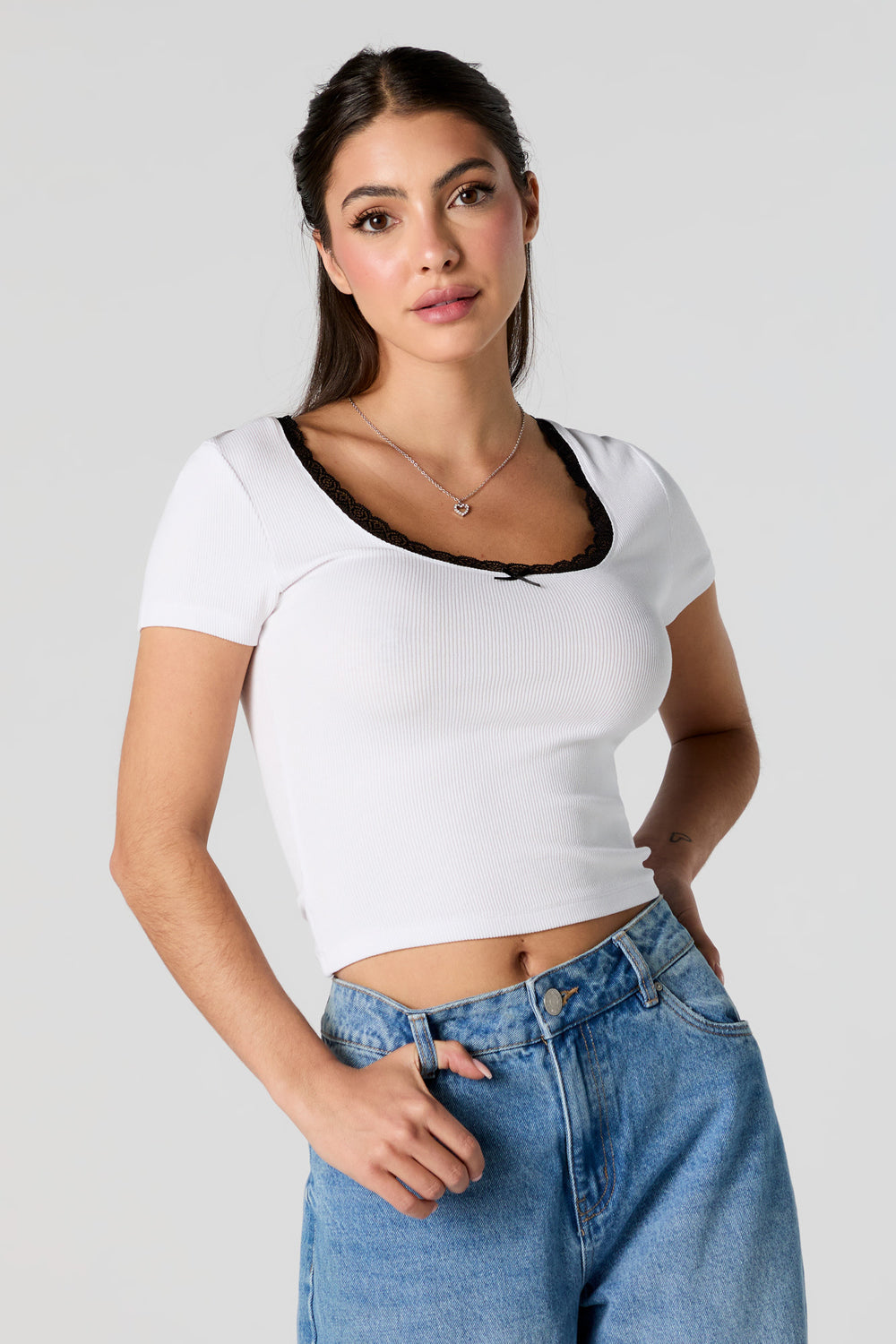 Ribbed Lace Trim Cropped T-Shirt Ribbed Lace Trim Cropped T-Shirt 4