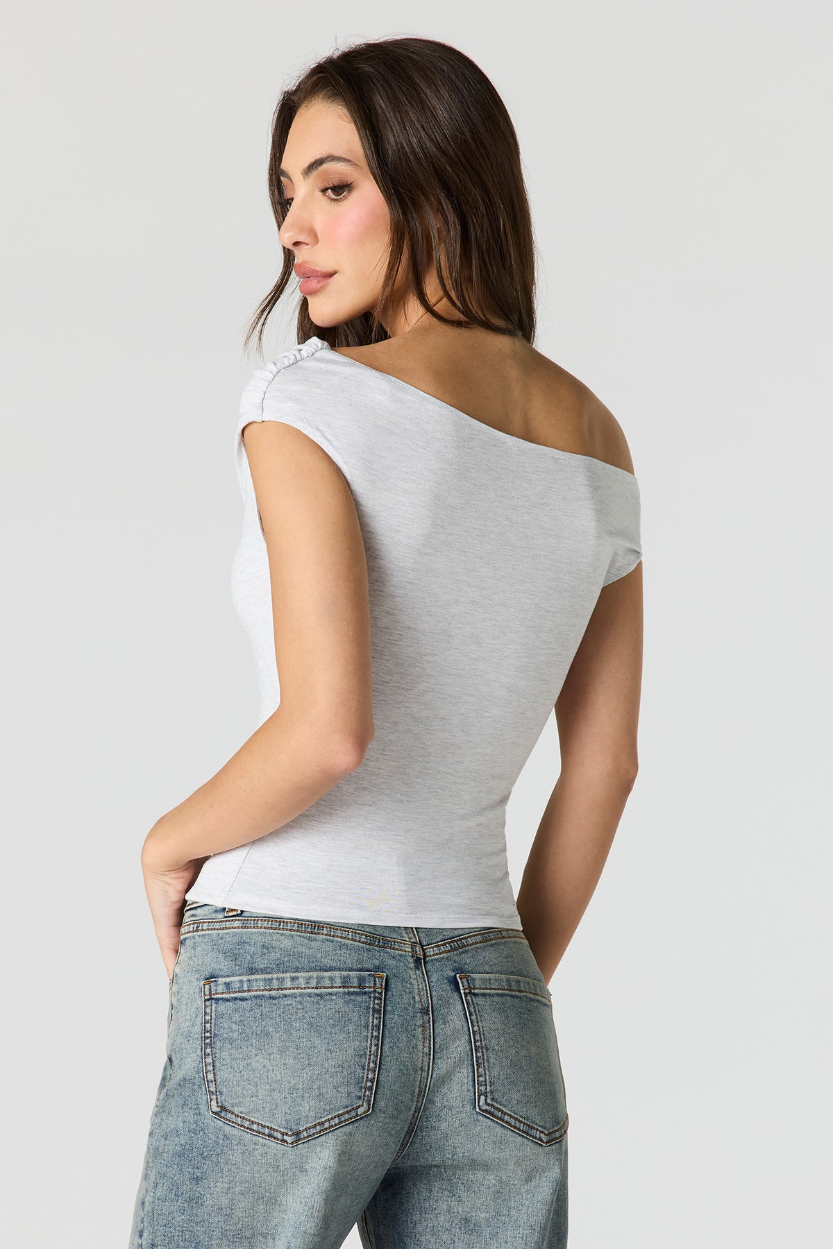 Alt View 2. Off Shoulder Ruched Top - Light Grey