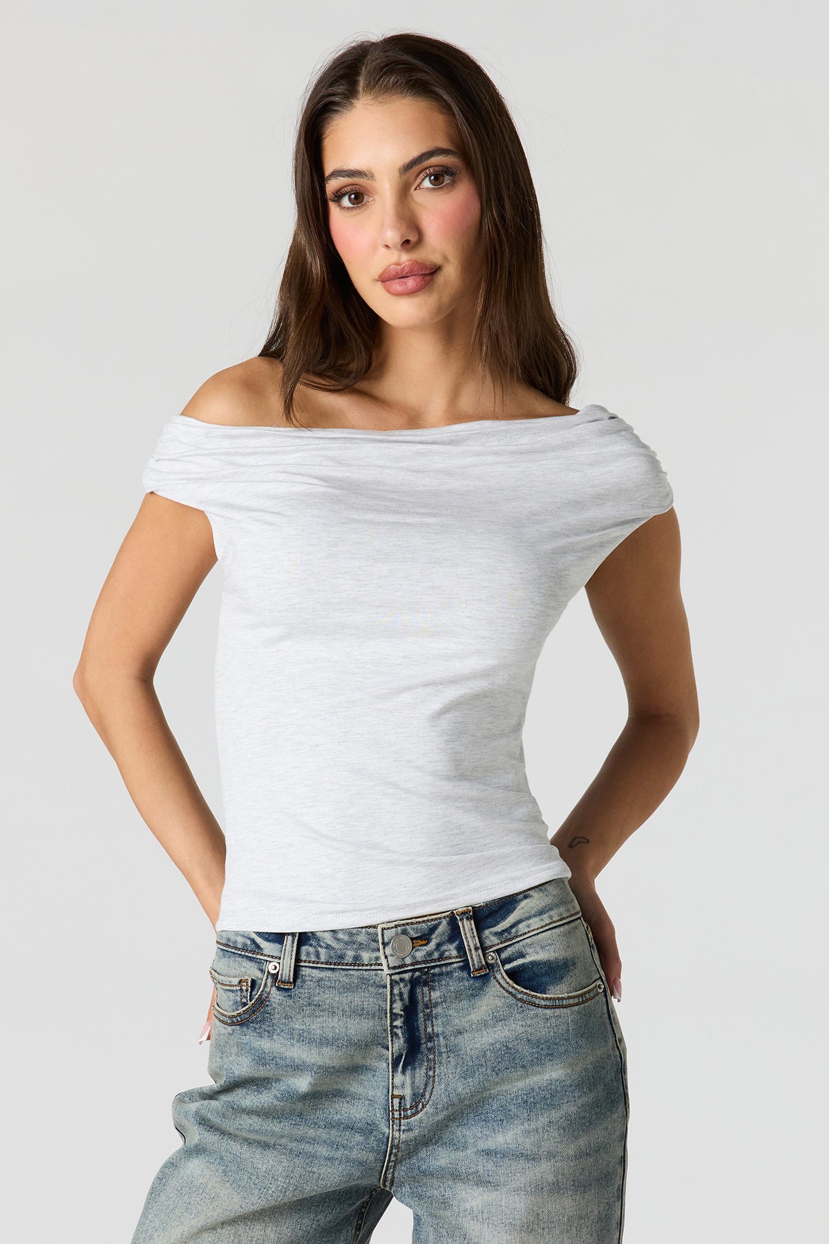 Off Shoulder Ruched Top - Light Grey