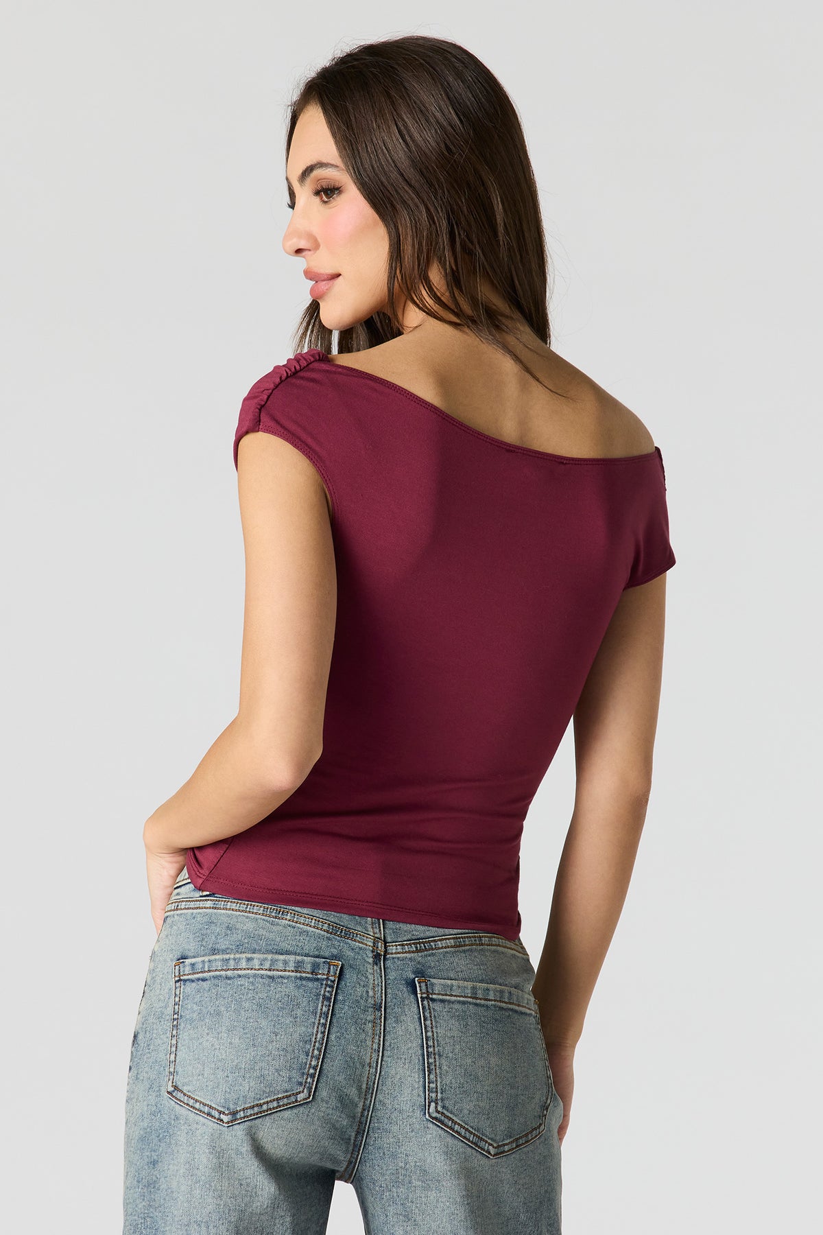 Alt View 2. Off Shoulder Ruched Top - Burgundy