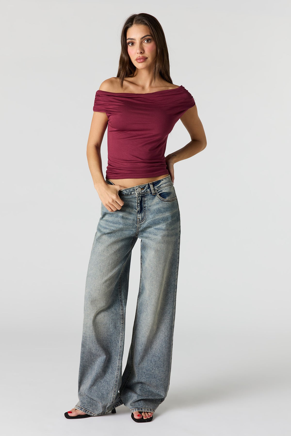 Alt View 3. Off Shoulder Ruched Top - Burgundy