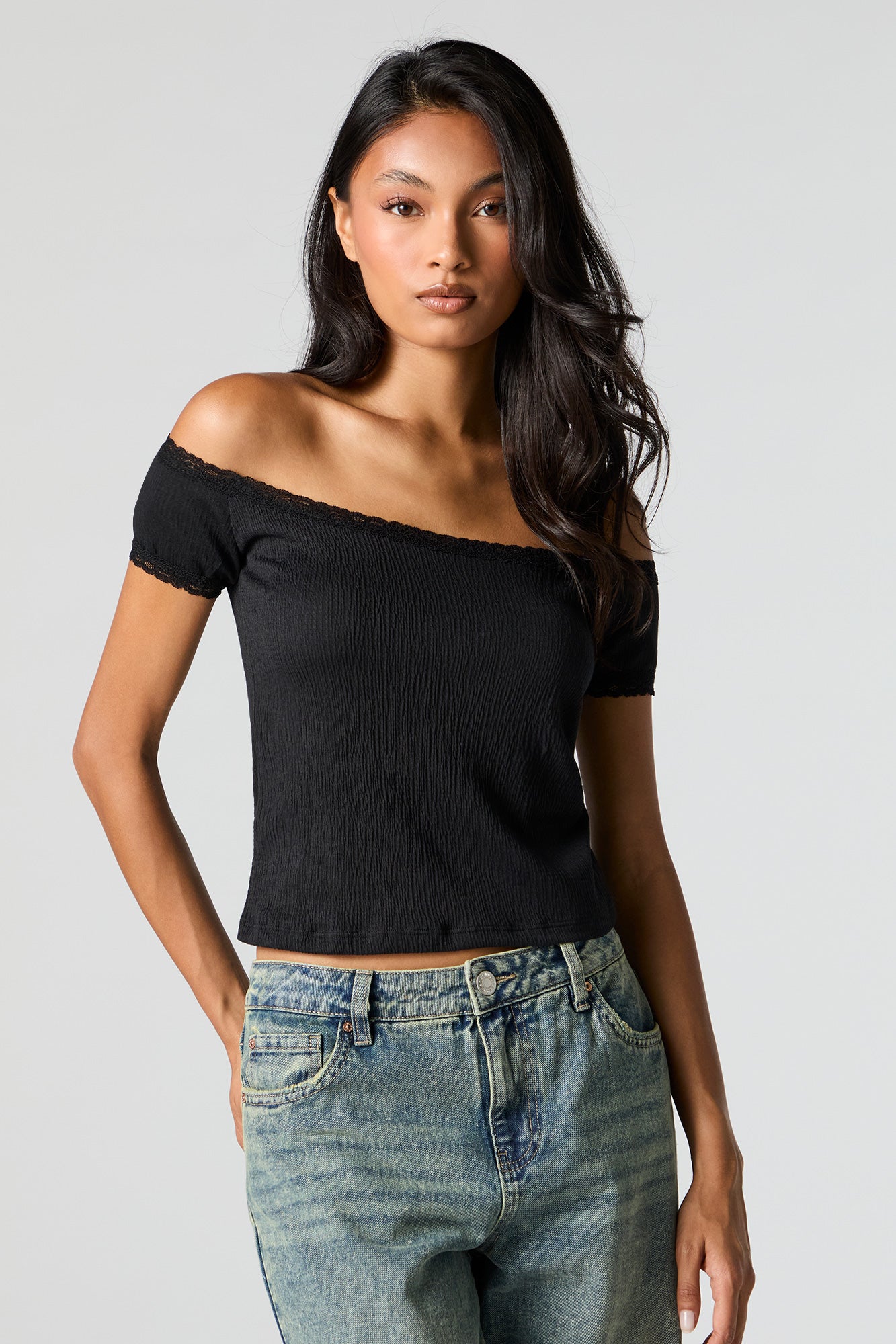 Crinkle Lace Trim Off Shoulder Top