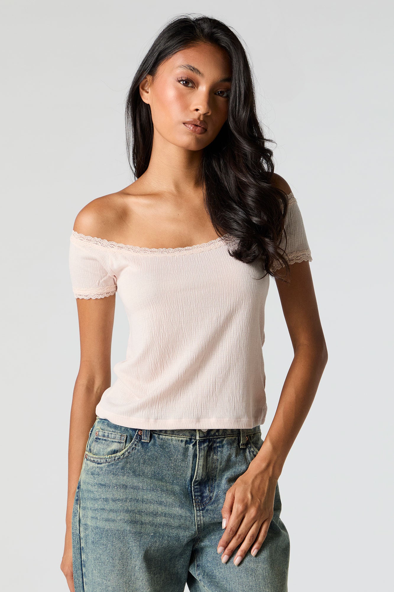 Crinkle Lace Trim Off Shoulder Top