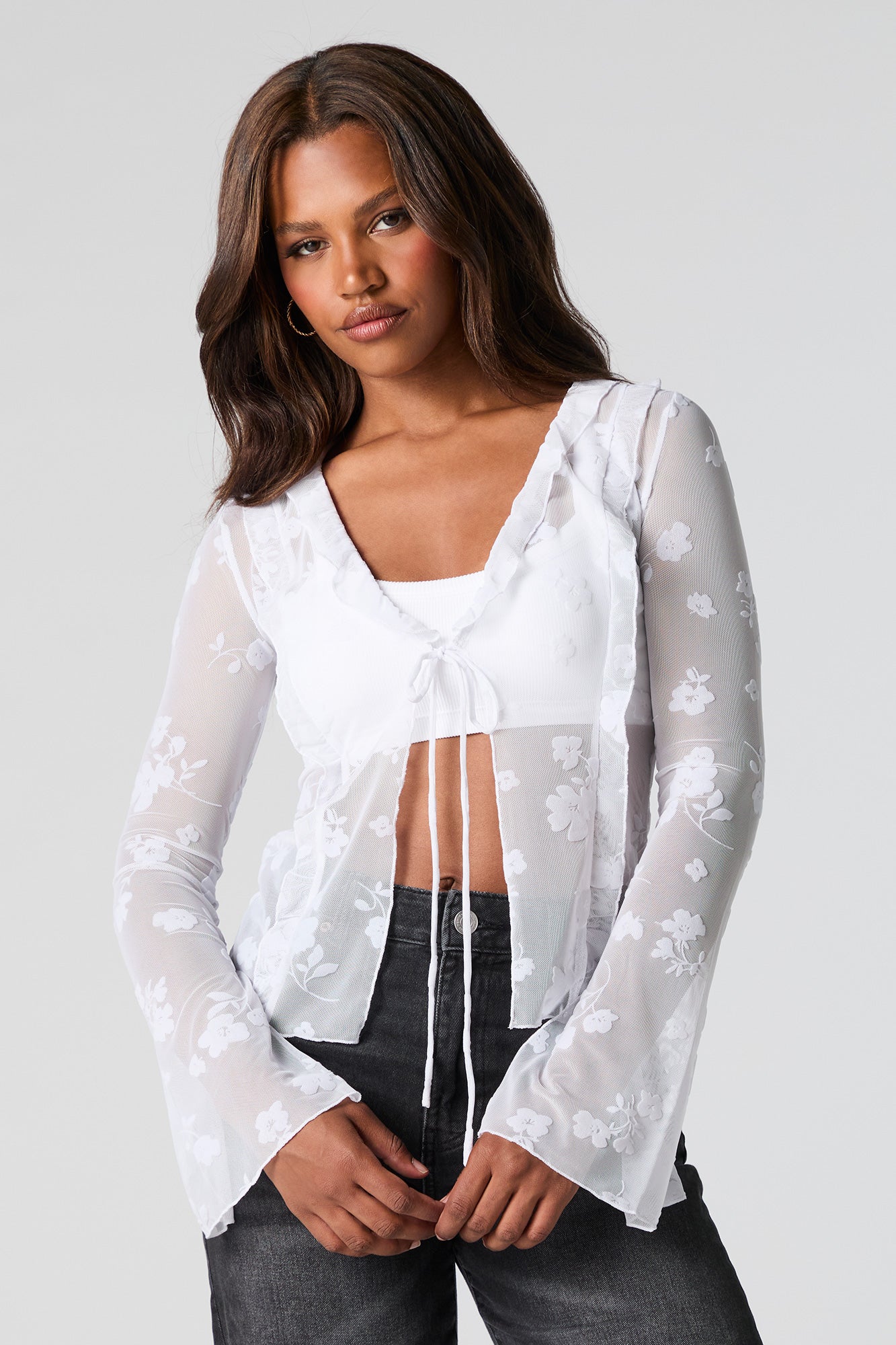 Floral Mesh Tie Front Long Sleeve Top