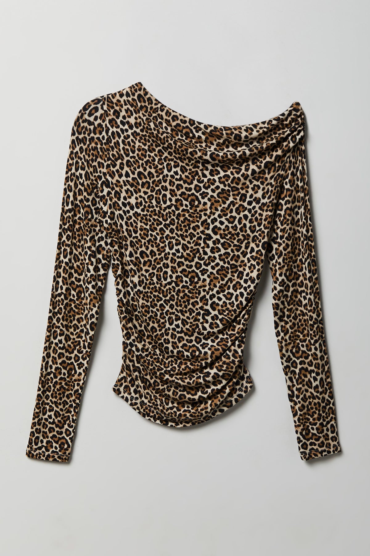 Ruched Off Shoulder Long Sleeve Top - Leopard