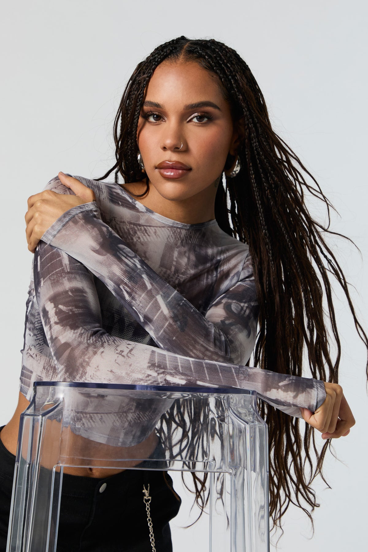 Abstract Print Mesh Long Sleeve Crop Top