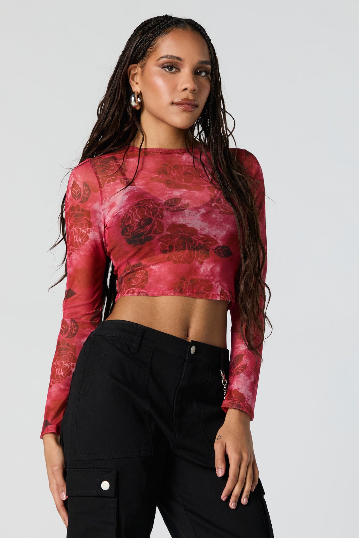 Floral Print Mesh Long Sleeve Crop Top