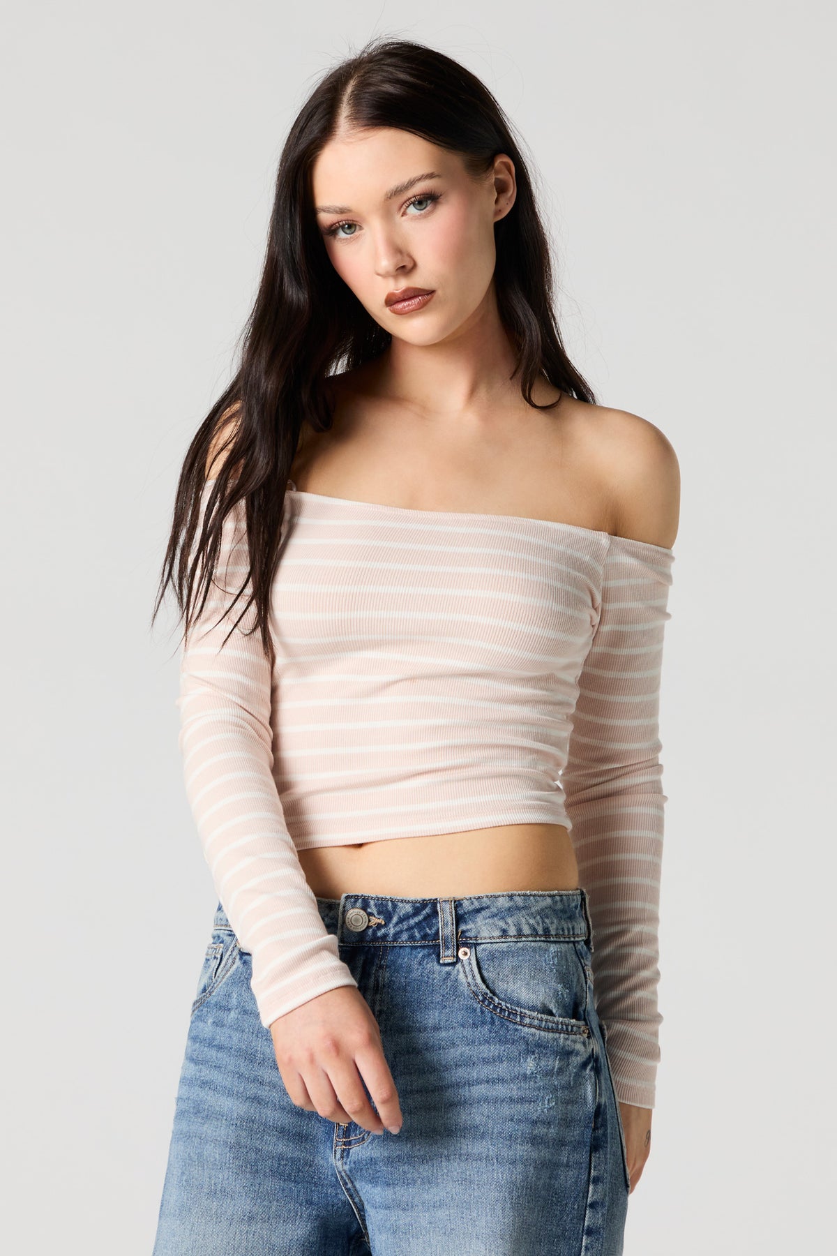 Striped Ribbed Off Shoulder Long Sleeve Top