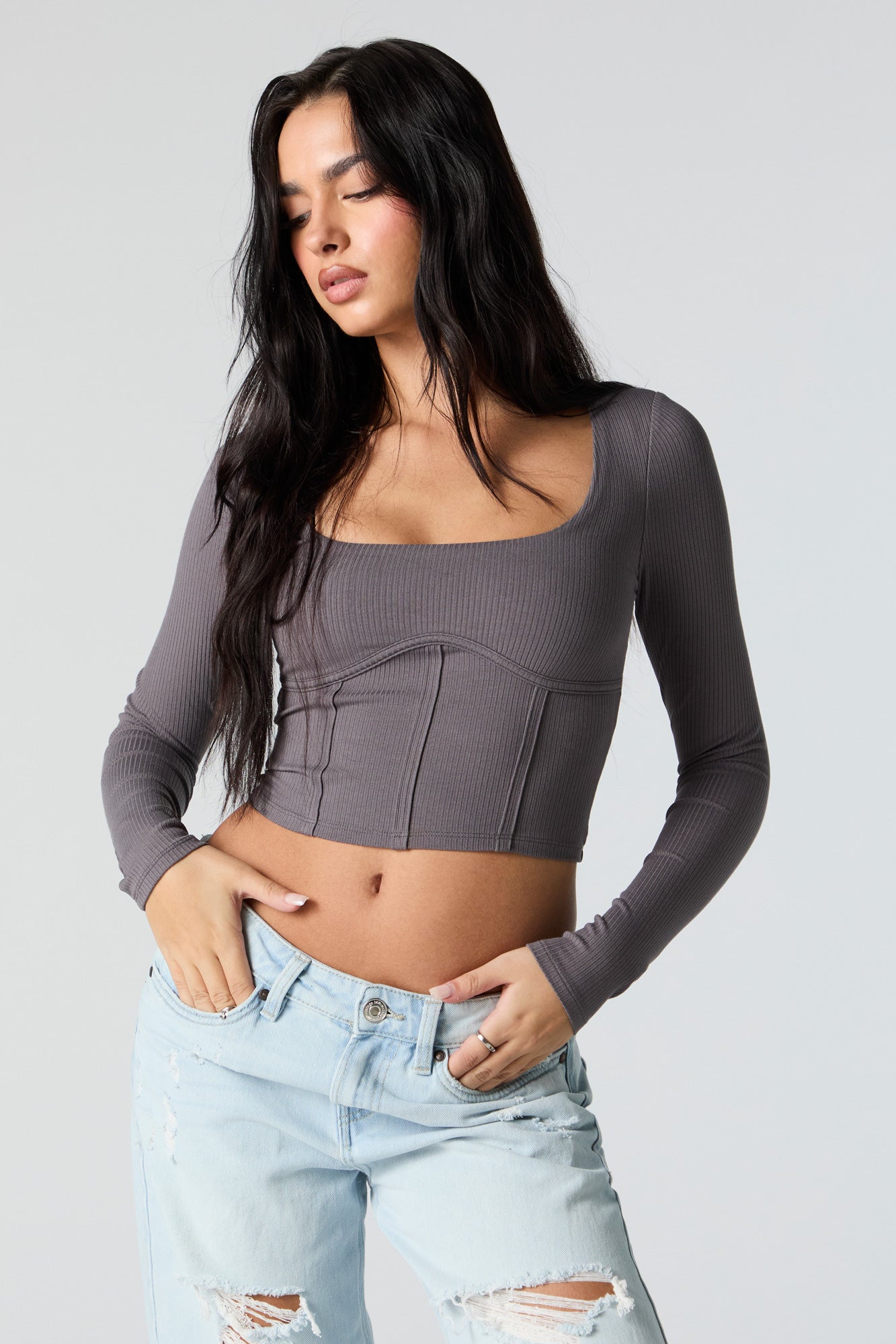 Ribbed Corset Style Long Sleeve Crop Top