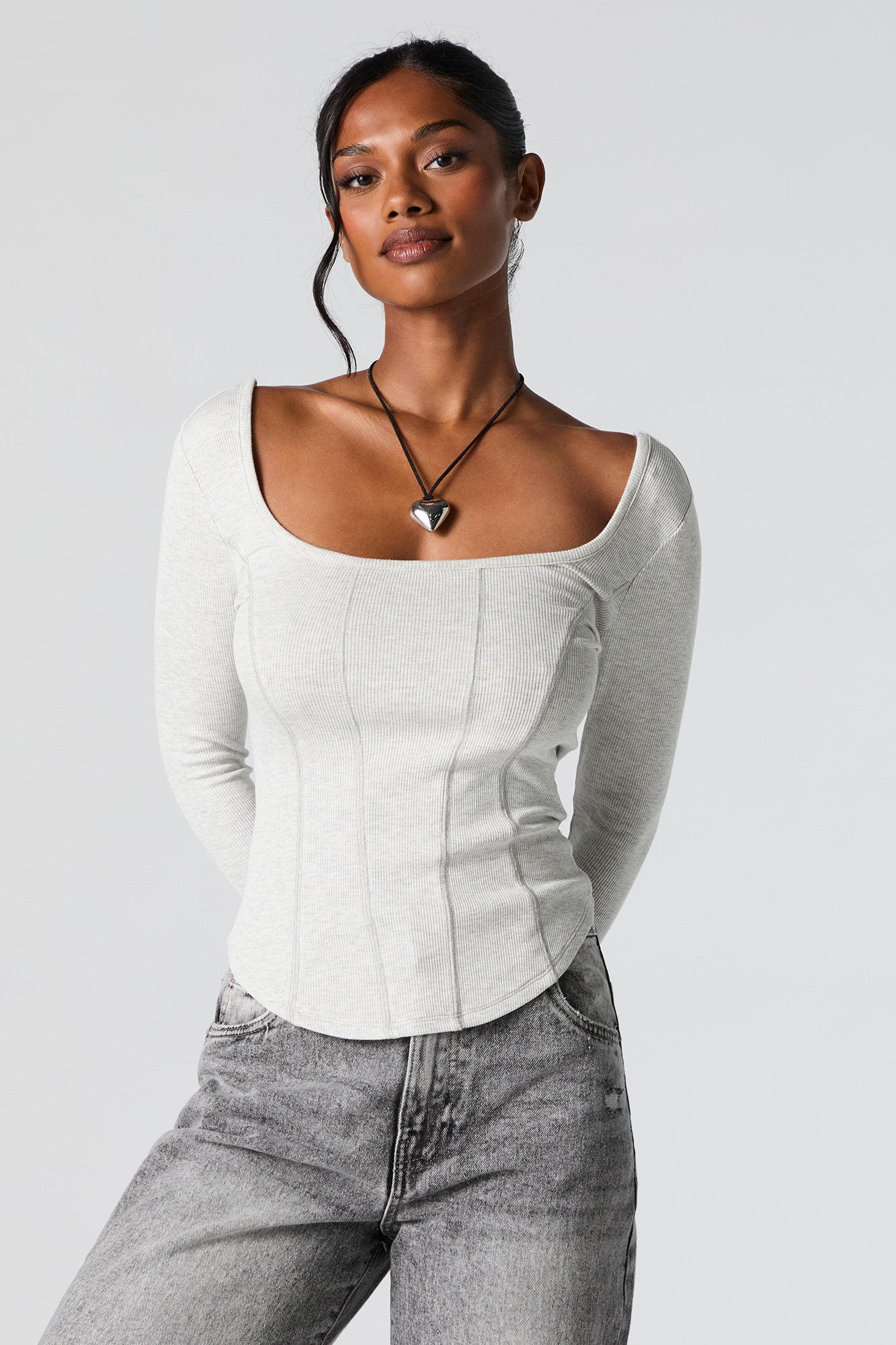 Ribbed Scoop Neck Corset Style Long Sleeve Top