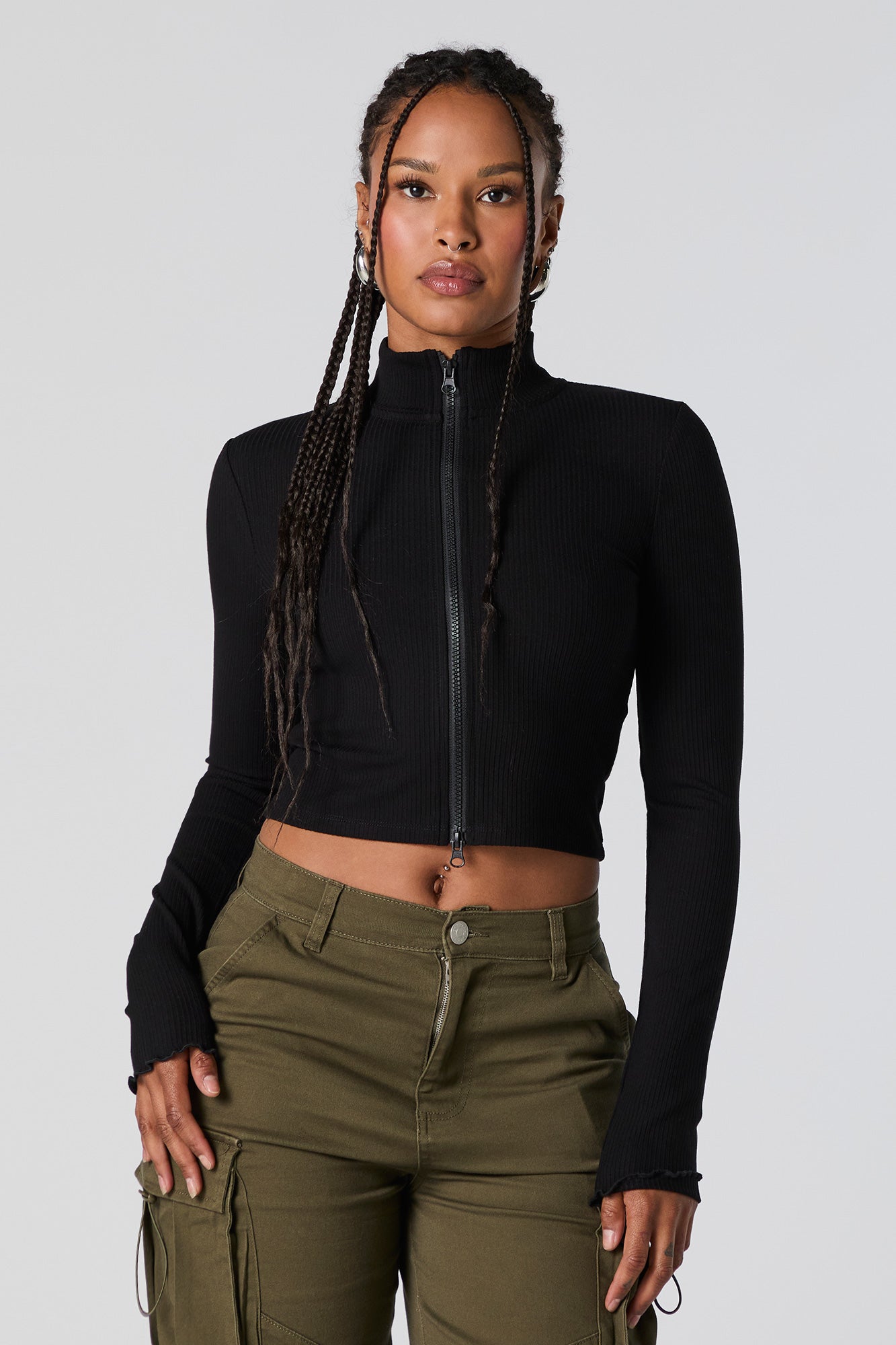 Ribbed Mock Neck Zip Up Long Sleeve Top