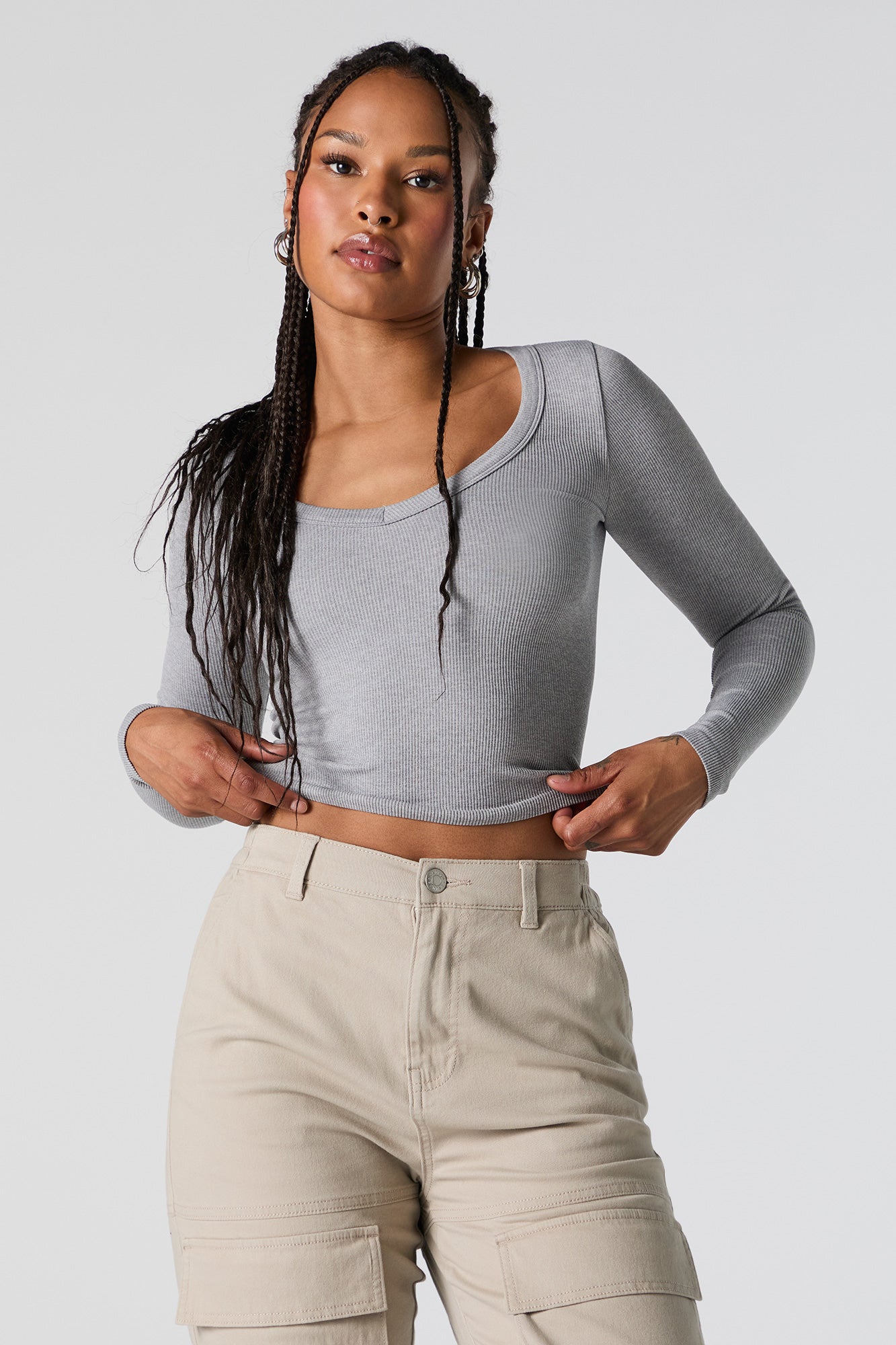 Seamless Ribbed V-Neck Long Sleeve Crop Top