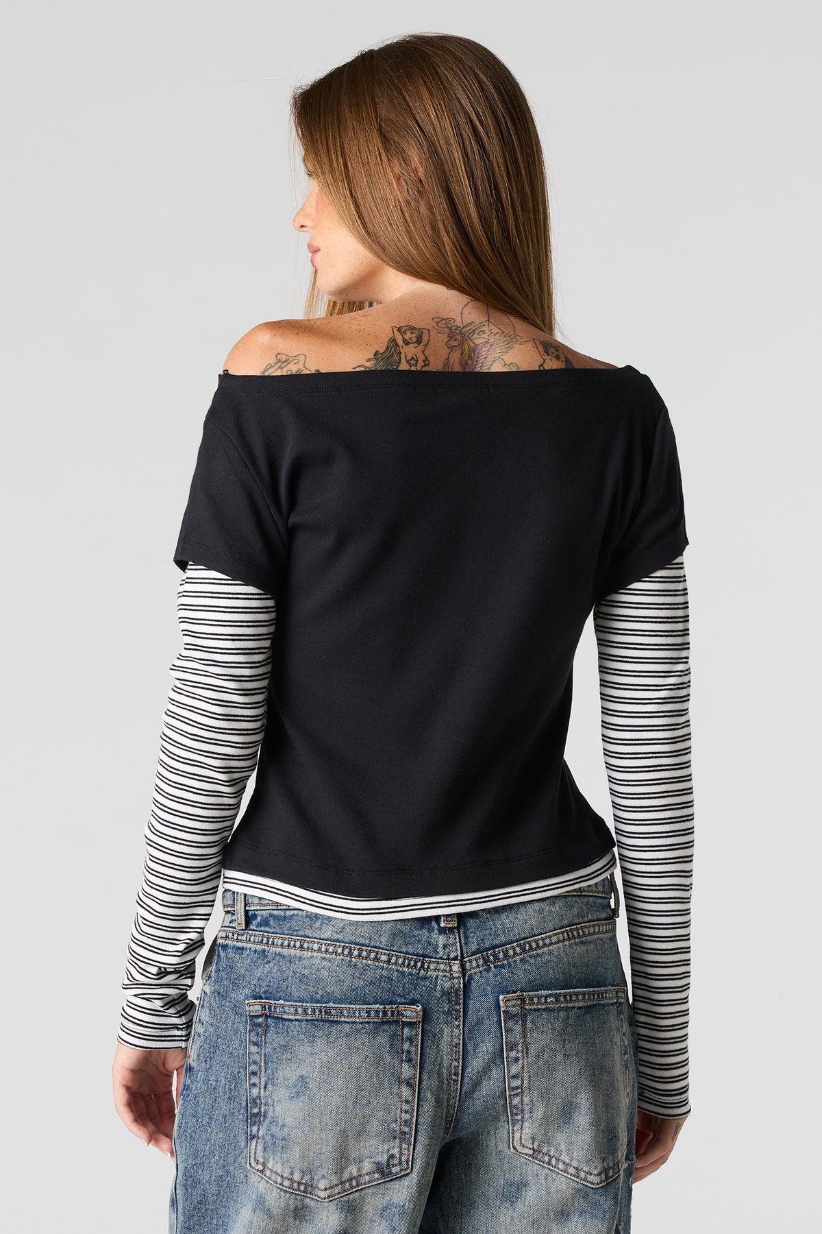 Alt View 2. Layered Long Sleeve Off Shoulder Top - Black