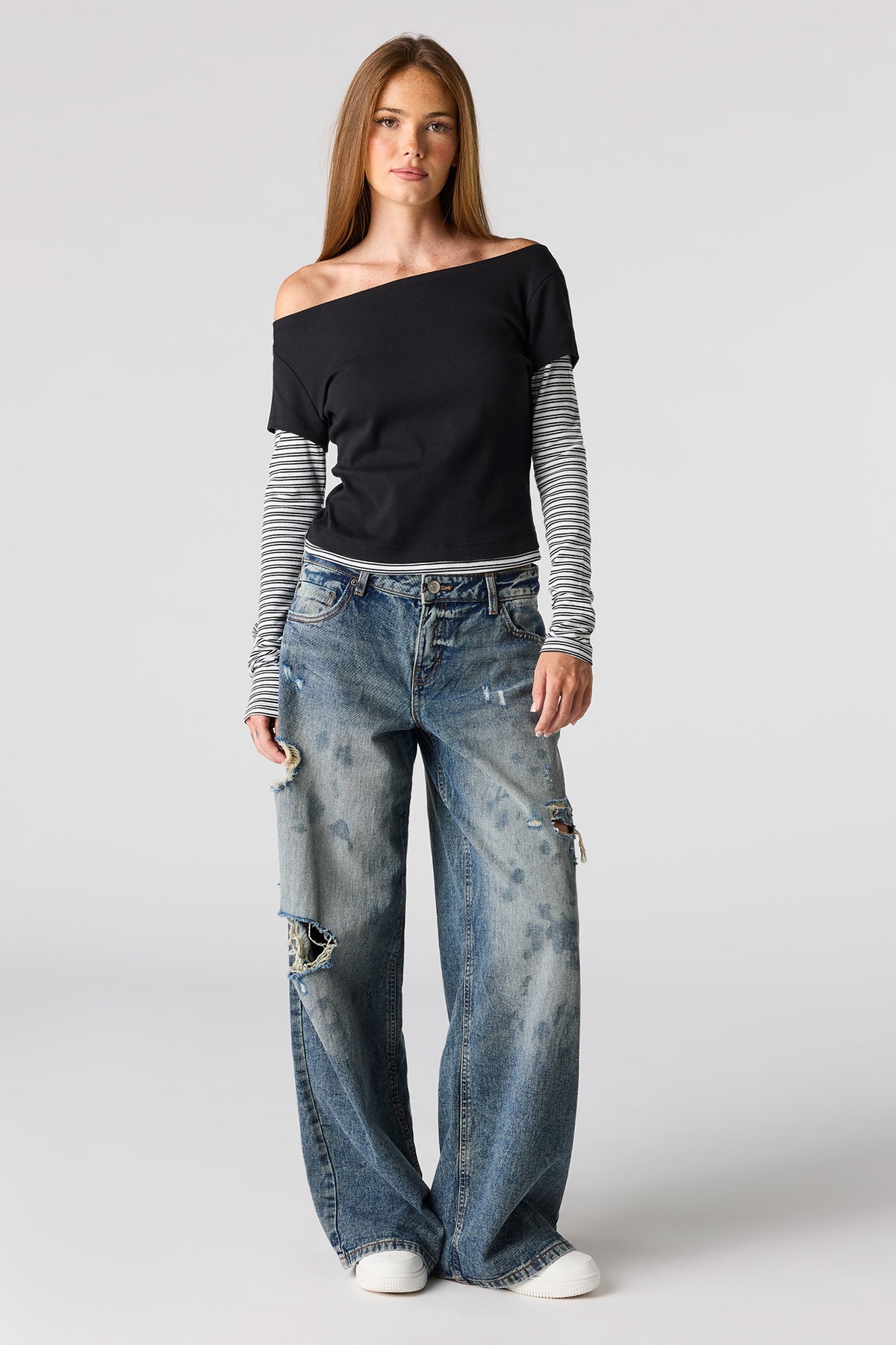 Alt View 3. Layered Long Sleeve Off Shoulder Top - Black