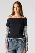 Layered Long Sleeve Off Shoulder Top