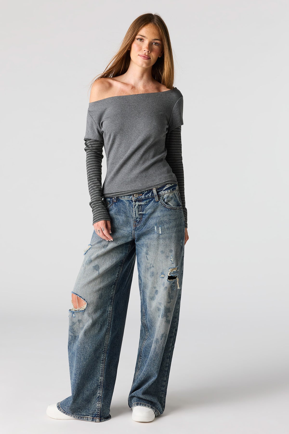 Alt View 3. Layered Long Sleeve Off Shoulder Top - Charcoal