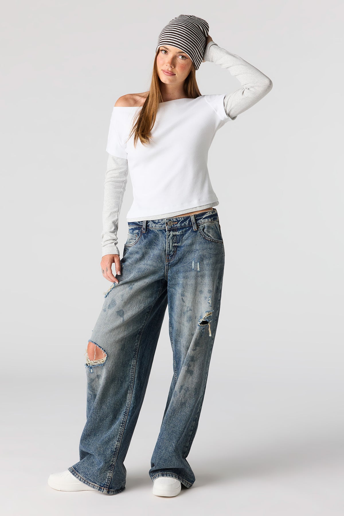 Alt View 3. Layered Long Sleeve Off Shoulder Top - White