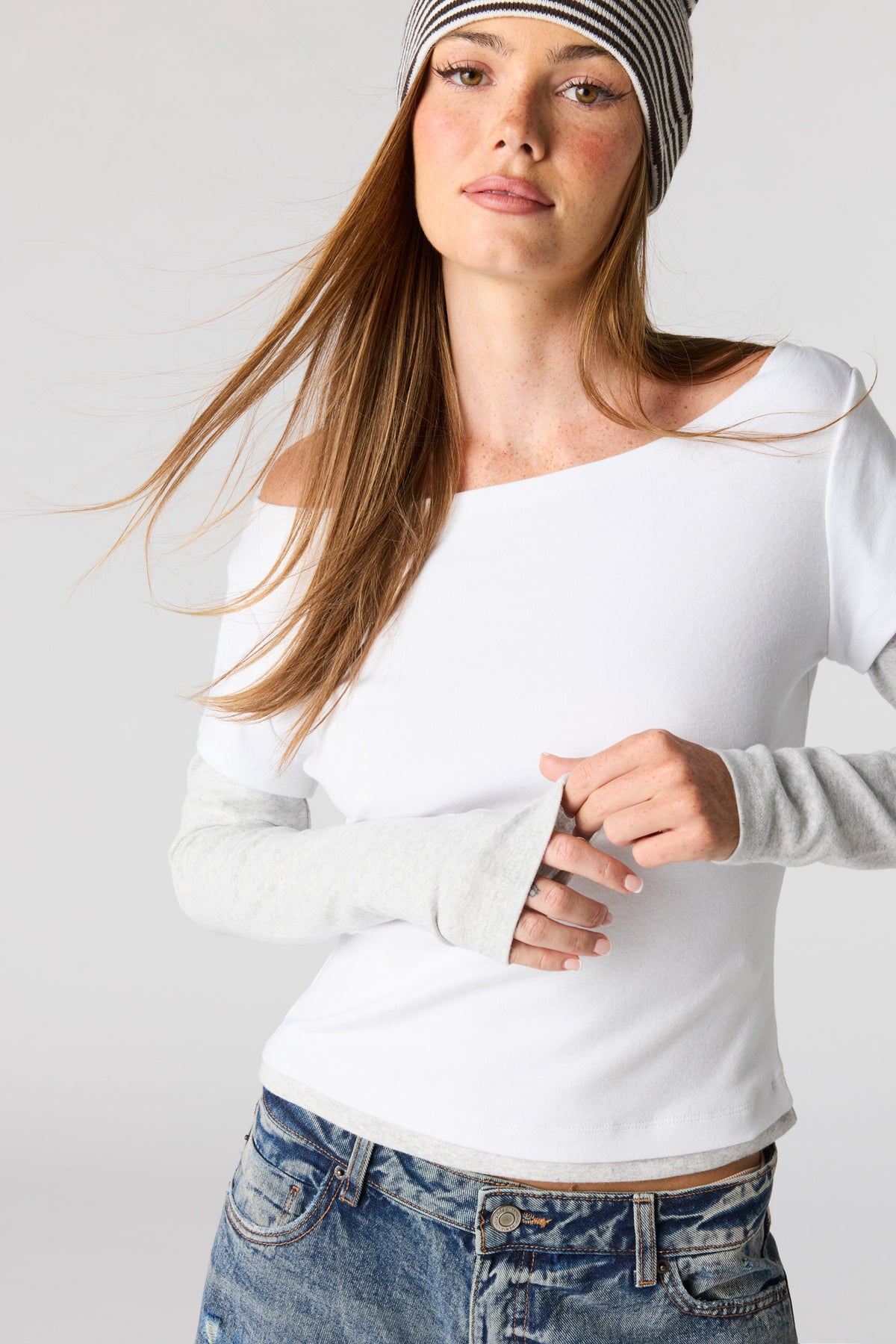 Alt View 4. Layered Long Sleeve Off Shoulder Top - White