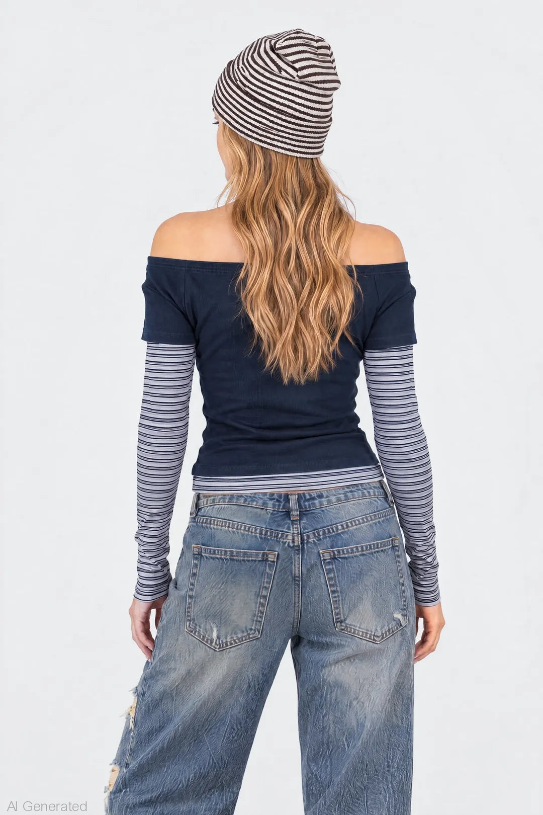 Alt View 2. Layered Long Sleeve Off Shoulder Top - Navy